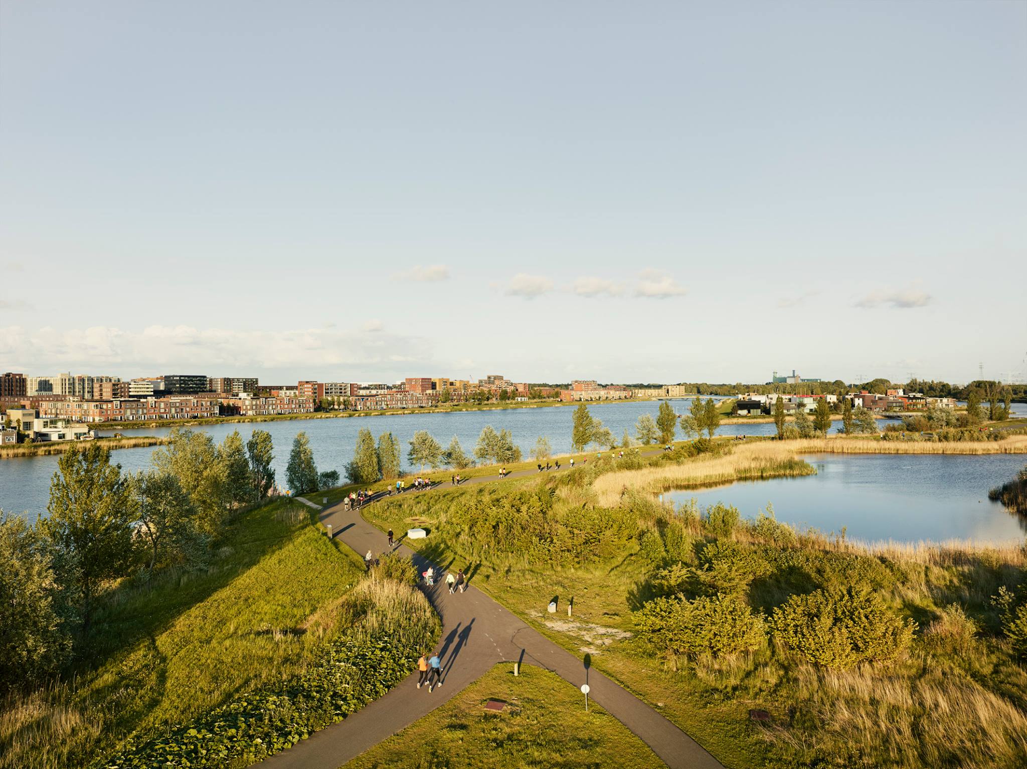 Lopers volgen een slingerend pad door het Diemerpark.