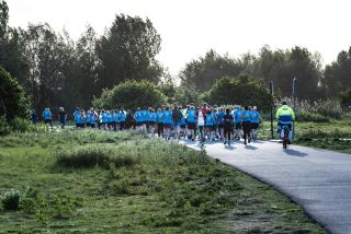 Een groep deelnemers in blauwe shirts loopt door het groen tijdens de Hardloopavond4daagse van 2018.